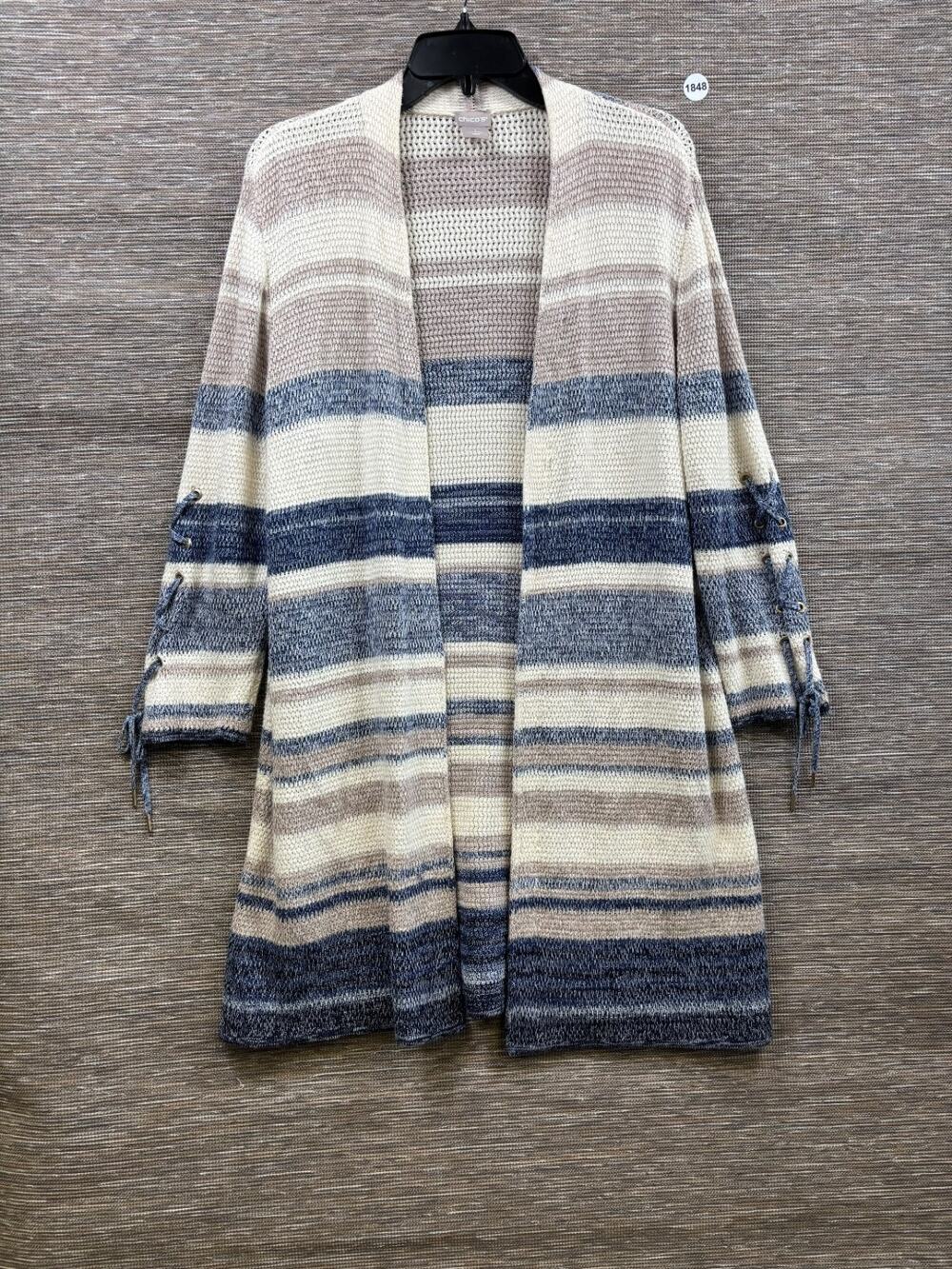 Chico's Knit Cardigan Sweater Womens 1 US M Cream Blue Striped Lace Up Sleeves
